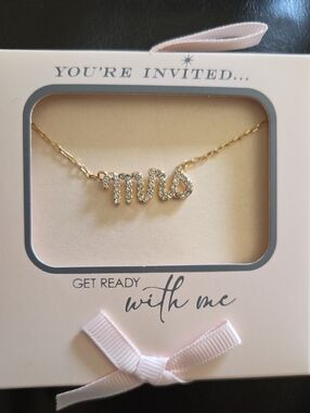 You're Invited MRS Gold Crystal Script Necklace NIB, Bridal Jewelry